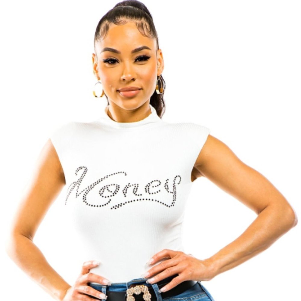 SOLID RIB RHINESTONE BODYSUIT "MONEY"